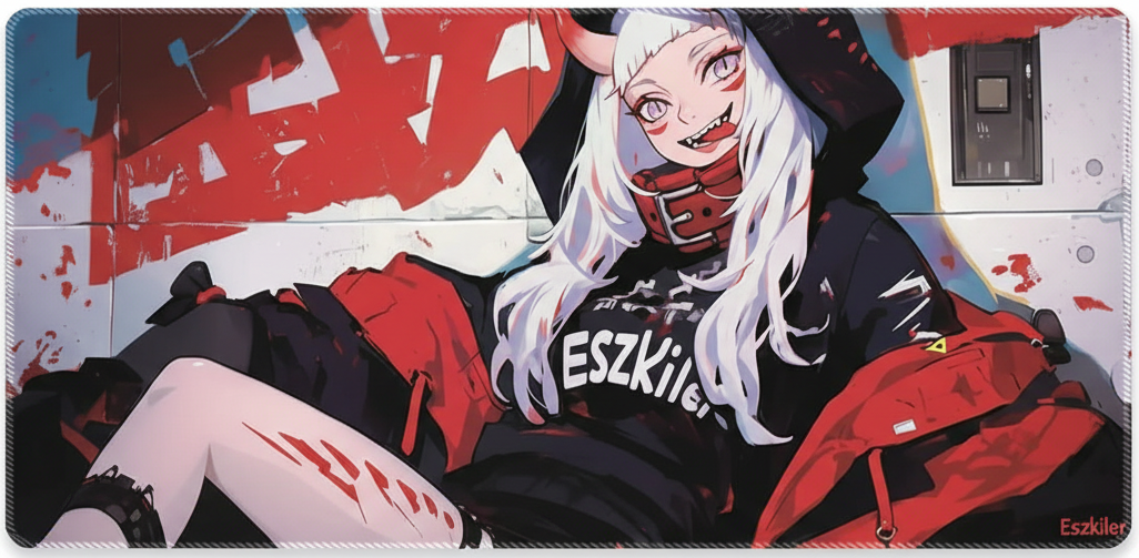Anime-style character with white hair and red accents on a product packaging background