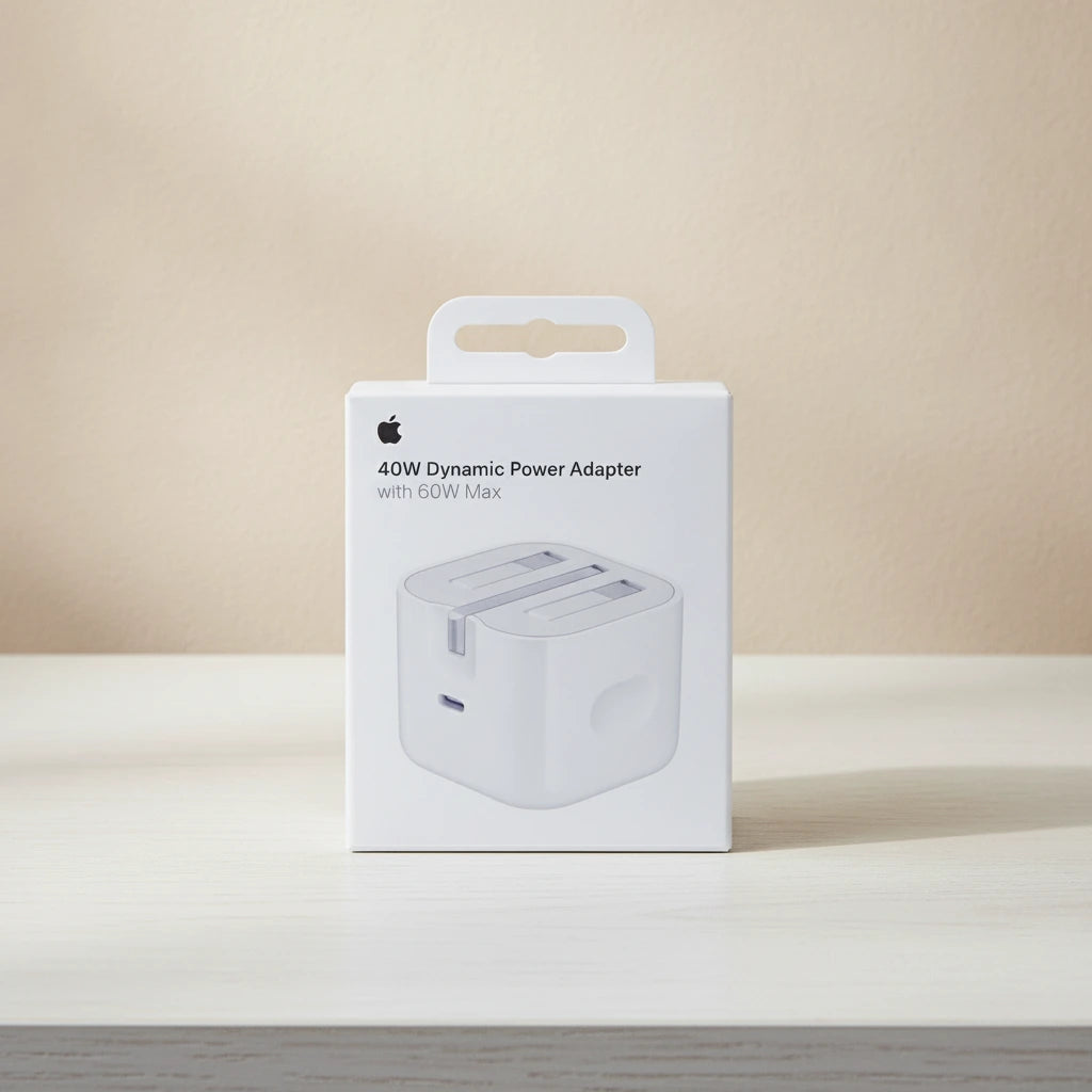 Retail box of an Apple 40W Dynamic Power Adapter with 60W Max. The packaging is clean white, featuring the Apple logo, product name in black text, and an illustration of a compact white USB-C charger with foldable prongs and a side finger indent, set against a wooden background.