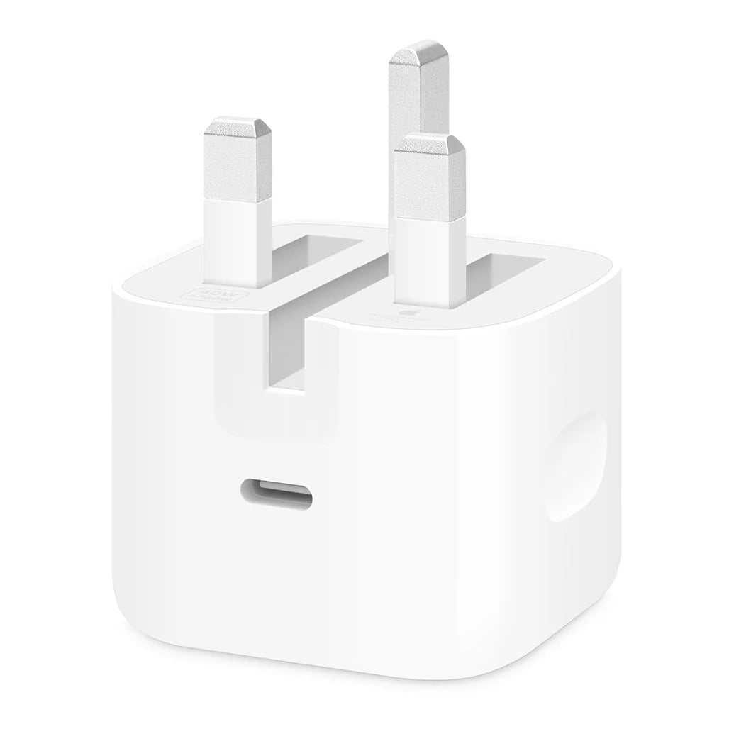 Apple 40W Dynamic Power Adapter with 60W Max featuring a UK 3-pin plug (Type G). The white wall charger shows a single USB-C port on the front, foldable prongs on top, and a circular finger grip indent on the side, isolated on a white background.