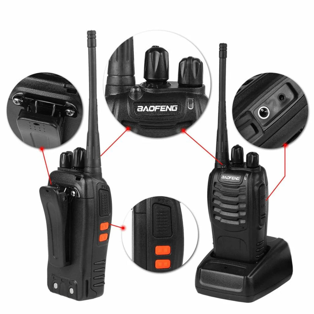 An analytical product diagram of the Baofeng BF-888S walkie talkie showcasing zoomed-in features including the belt clip, antenna base controls, audio jack, and PTT side buttons, from Lebtech Store with fast delivery across Lebanon.