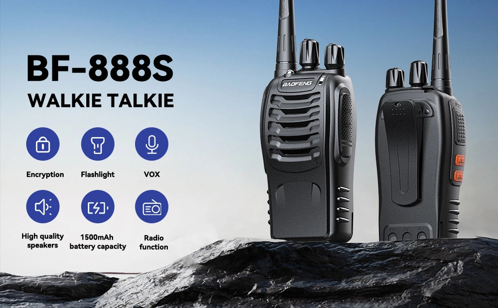 A promotional banner for the Baofeng BF-888S walkie talkie displaying front and back views on a rocky terrain alongside feature icons for encryption, flashlight, VOX, high quality speakers, 1500mAh battery, and radio function available at Lebtech Store with fast delivery across Lebanon.
