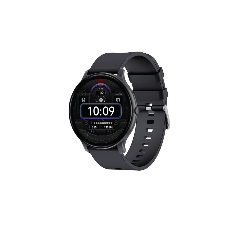 Matte black Green Lion GT-FIT smart watch with a black silicone wristband and active digital metrics display at LebTech Store Lebanon.