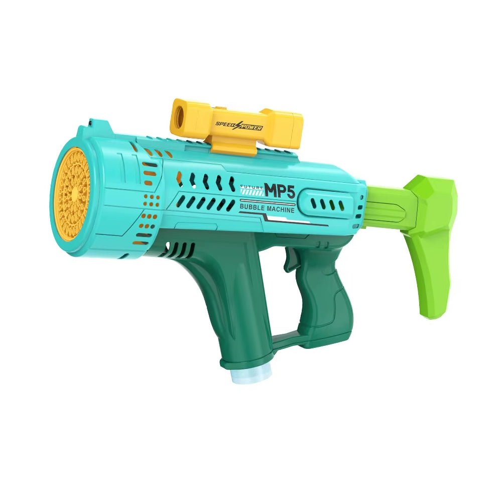 Blue and green MP5 automatic electric bubble blaster toy featuring 57 holes and a yellow top scope from LebTech Store Lebanon.