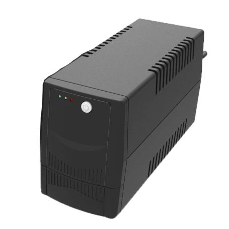 Board-X 850VA 360W offline UPS black tower casing showing the front power button and LED indicator status lights, from Lebtech Store Lebanon.