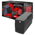 Board-X 850VA 360W offline UPS unit standing in front of its retail packaging box, available at Lebtech Store with fast delivery across Lebanon.