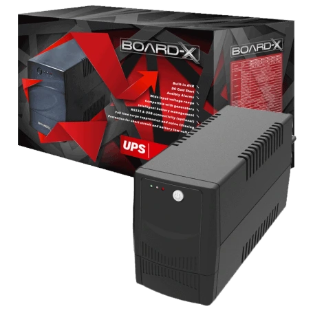 Board-X 850VA 360W offline UPS unit standing in front of its retail packaging box, available at Lebtech Store with fast delivery across Lebanon.