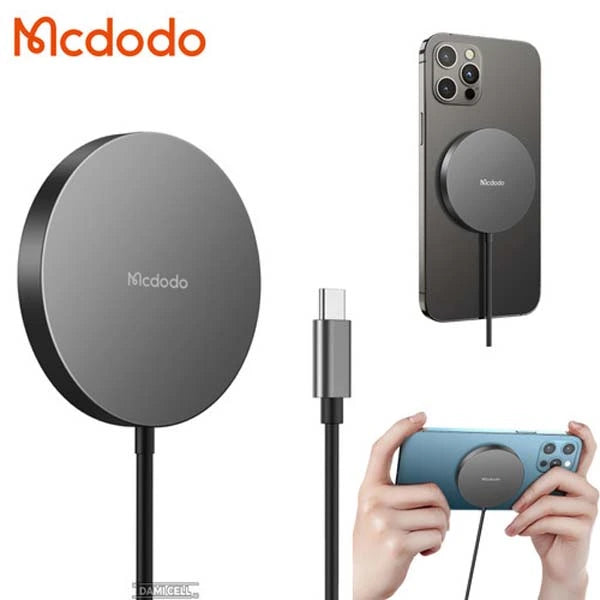 Mcdodo wireless charging pad, cable, and phone on a white background