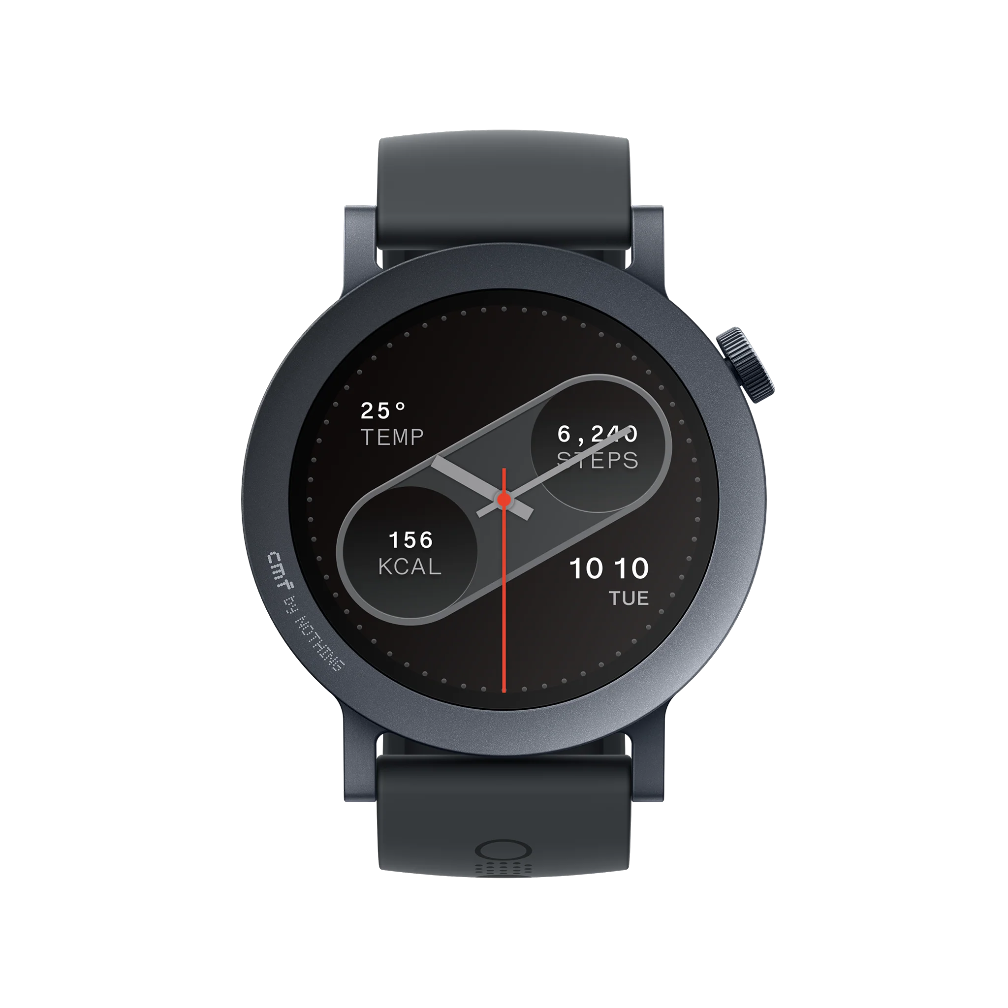 Front view of the CMF by Nothing Watch Pro 2 smartwatch in Dark Grey displaying steps and calorie metrics, sold by Lebtech Store with fast shipping in Lebanon.