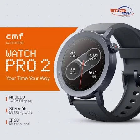 CMF by Nothing Watch Pro 2 in Dark Grey highlighting key specs like the 1.32 inch AMOLED display, 305mAh battery, and IP68 waterproof rating at Lebtech Store Lebanon.