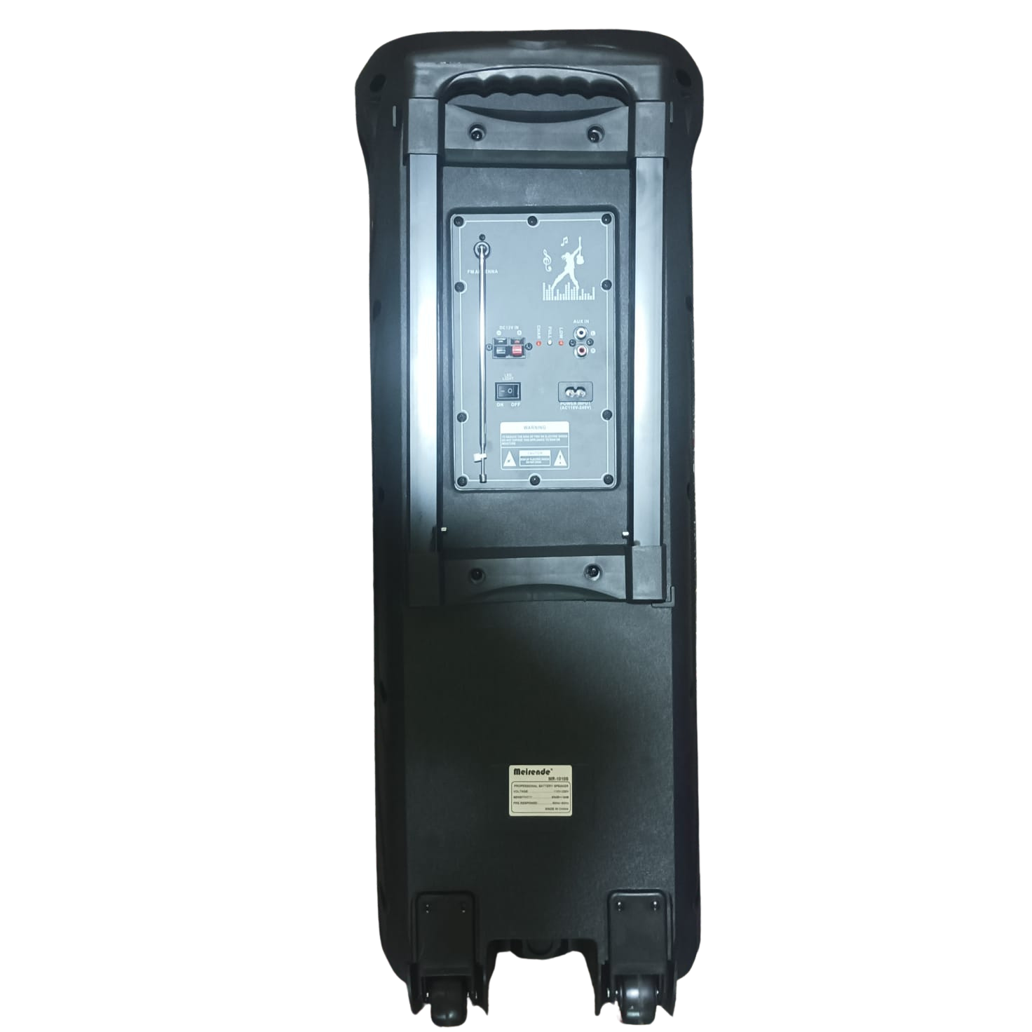 Back view of a black electronic device with control panel on a white background