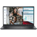 A front-facing view of a black Dell Vostro 3520 laptop, available at LebTech Store Lebanon. The 15.6-inch screen displays a split-screen layout for business productivity: a video conference featuring two people on the left and a series of colorful data charts, including a line graph and circular percentile gauges, on the right.