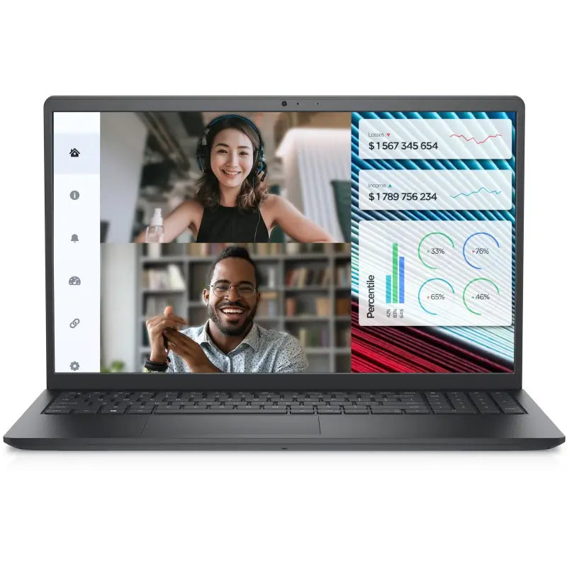 A front-facing view of a black Dell Vostro 3520 laptop, available at LebTech Store Lebanon. The 15.6-inch screen displays a split-screen layout for business productivity: a video conference featuring two people on the left and a series of colorful data charts, including a line graph and circular percentile gauges, on the right.
