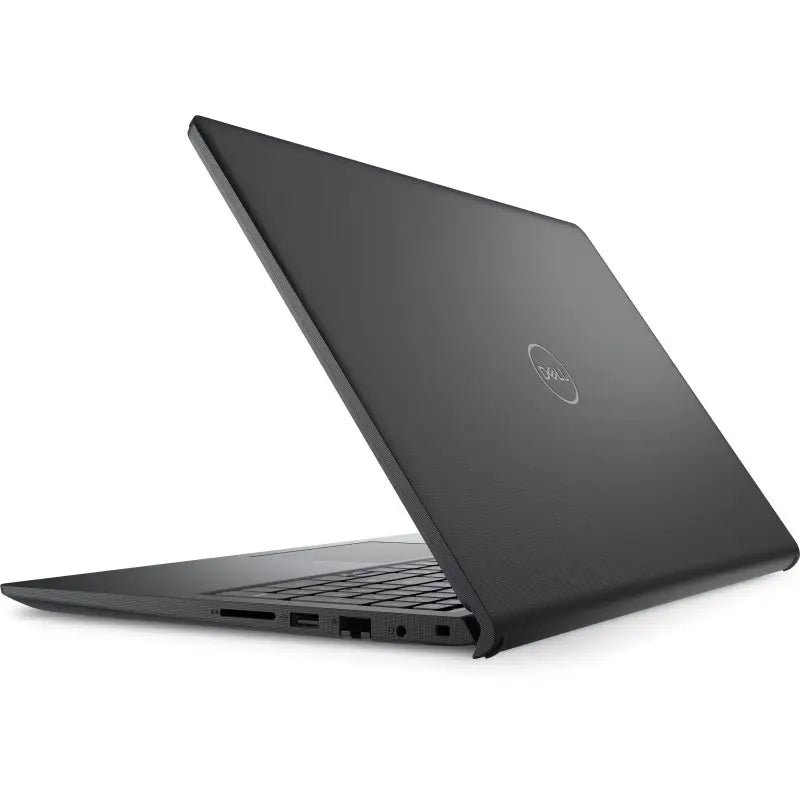 The back and side view of a black Dell Vostro 3520 laptop from LebTech Store Lebanon, showcasing the sleek matte finish on the lid with the Dell logo. The image highlights the laptop's slim profile and various side connectivity ports, including an SD card slot, USB, and Ethernet.
