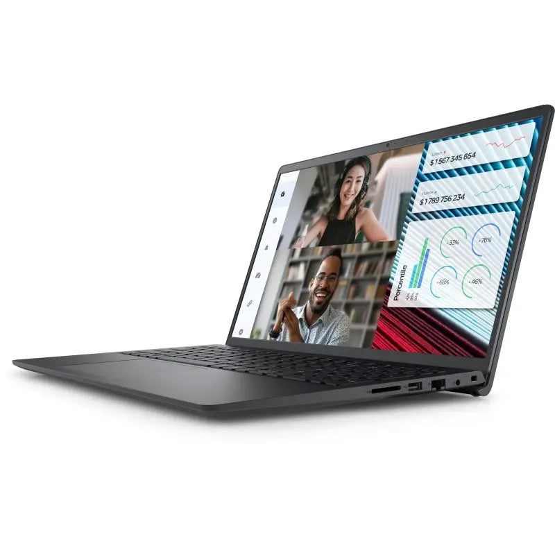 A side-profile view of the black Dell Vostro 3520 laptop from LebTech Store Lebanon, showcasing its slim design and side ports. The screen displays a split-view of a video call and business data analytics, highlighting the laptop's multitasking capabilities for professionals.