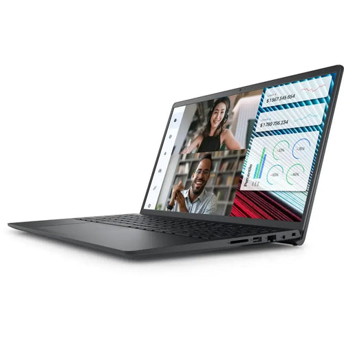A side-profile view of the black Dell Vostro 3520 laptop from LebTech Store Lebanon, showcasing its slim design and side ports. The screen displays a split-view of a video call and business data analytics, highlighting the laptop's multitasking capabilities for professionals.
