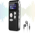 An angled product view of the 32GB digital voice activated recorder featuring an active backlit LCD color screen displaying the record mode menu, shown next to wired silver tracking earphones from LebTech Store.