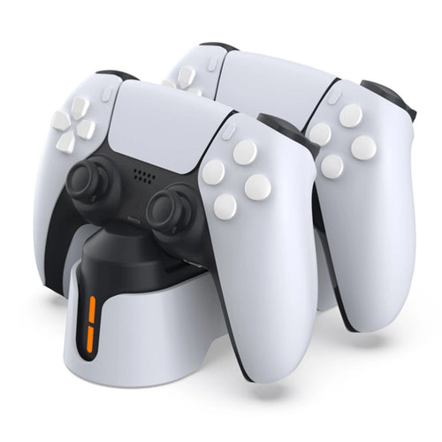 Dobe TP5-1501X Dual Charging Station showing two PS5 DualSense controllers docked with orange LED indicator at Lebtech Store Lebanon.
