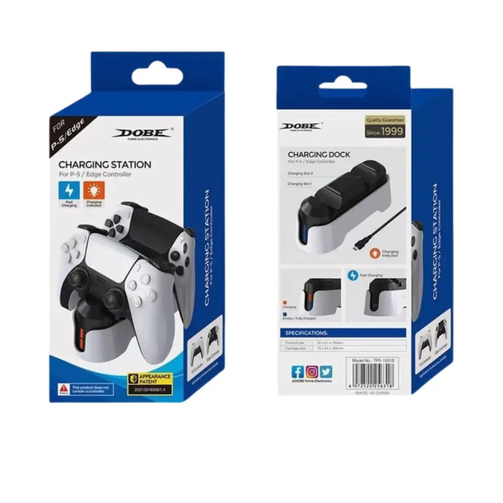 Dobe TP5-1501X Dual Charging Station official retail box packaging front and back layout - Lebtech Store.
