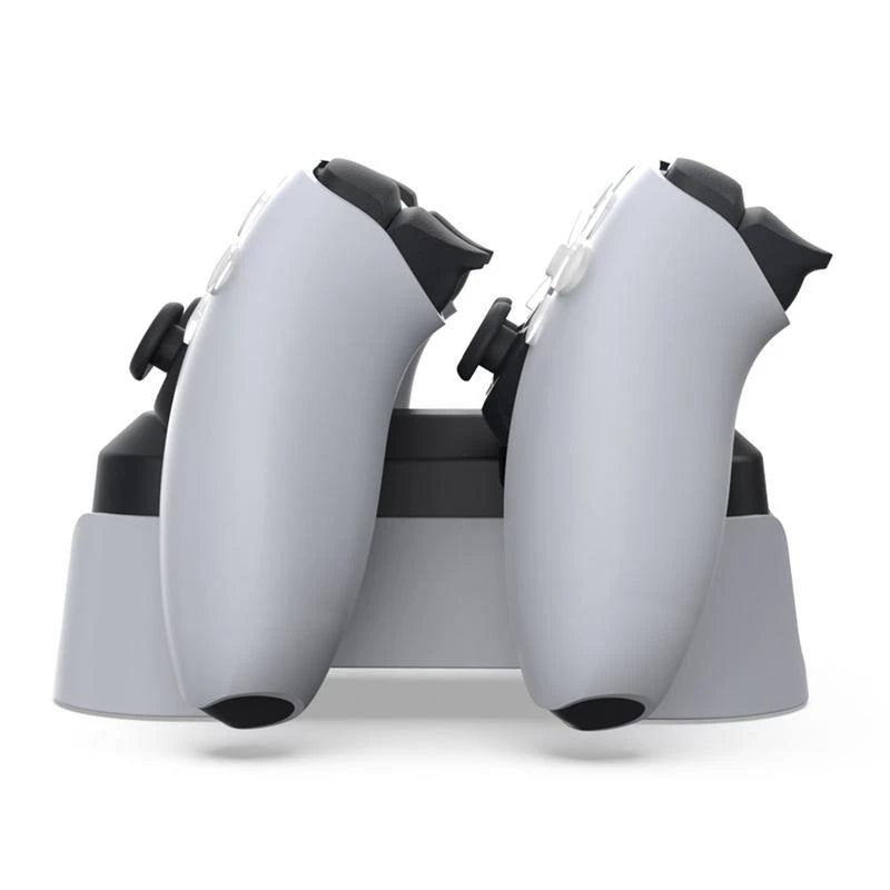 Dobe TP5-1501X Dual Charging Station side angle view showing two docked PS5 wireless controllers - Lebtech Store.