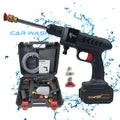 The Dunlandi 48V cordless high-pressure car washer gun shown fully assembled with its 1500mAh lithium battery pack alongside its complete portable accessories kit in a hard black carrying case, available from LebTech Store.