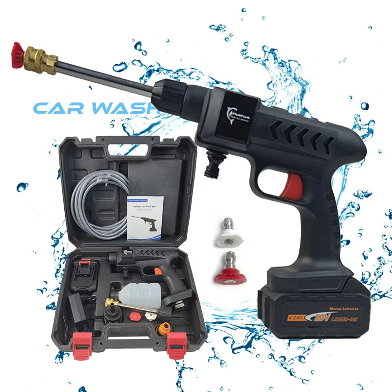 The Dunlandi 48V cordless high-pressure car washer gun shown fully assembled with its 1500mAh lithium battery pack alongside its complete portable accessories kit in a hard black carrying case, available from LebTech Store.