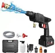 An isolated product view of the Dunlandi 48V cordless pressure washer gun blasting a high-speed water stream, shown with its complete kit including a water hose, foam bottle, chargers, nozzles, and hard storage box from LebTech Store.
