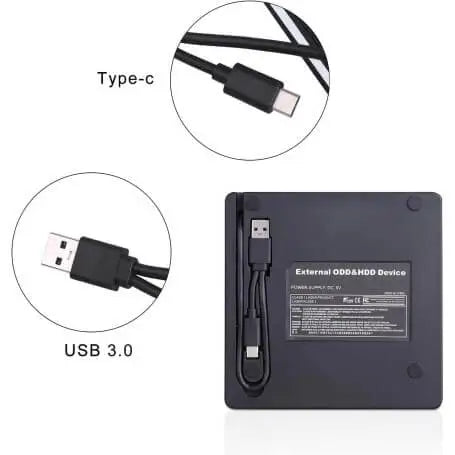 External hard drive device with USB 3.0 and Type-C cables on a white background