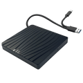 Black external hard drive with USB cable on a white background