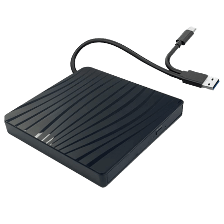 Black external hard drive with USB cable on a white background