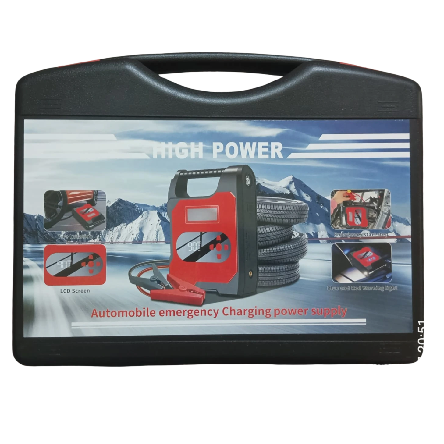 Black carrying case with a display of an automobile emergency charging power supply on a white background