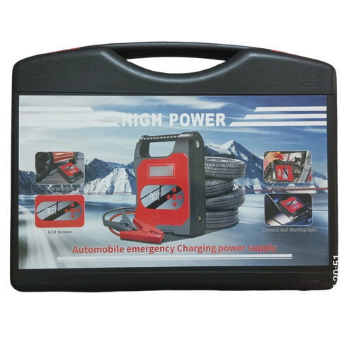 Black carrying case with a display of an automobile emergency charging power supply on a white background