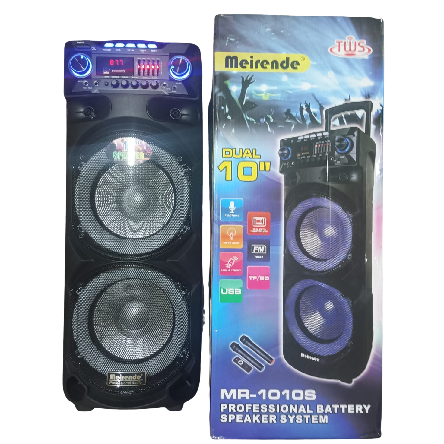 Meirende professional battery speaker system with packaging on a white background