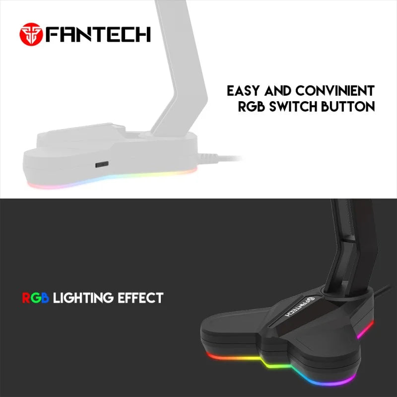 Gaming desk lamp with RGB lighting effect and Fantech branding.