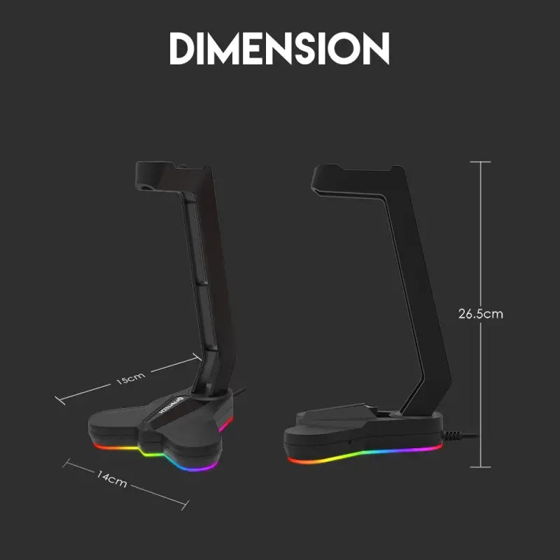 Gaming headset stand with RGB lighting and measurements on a black background, featuring the brand 'Dimension'.