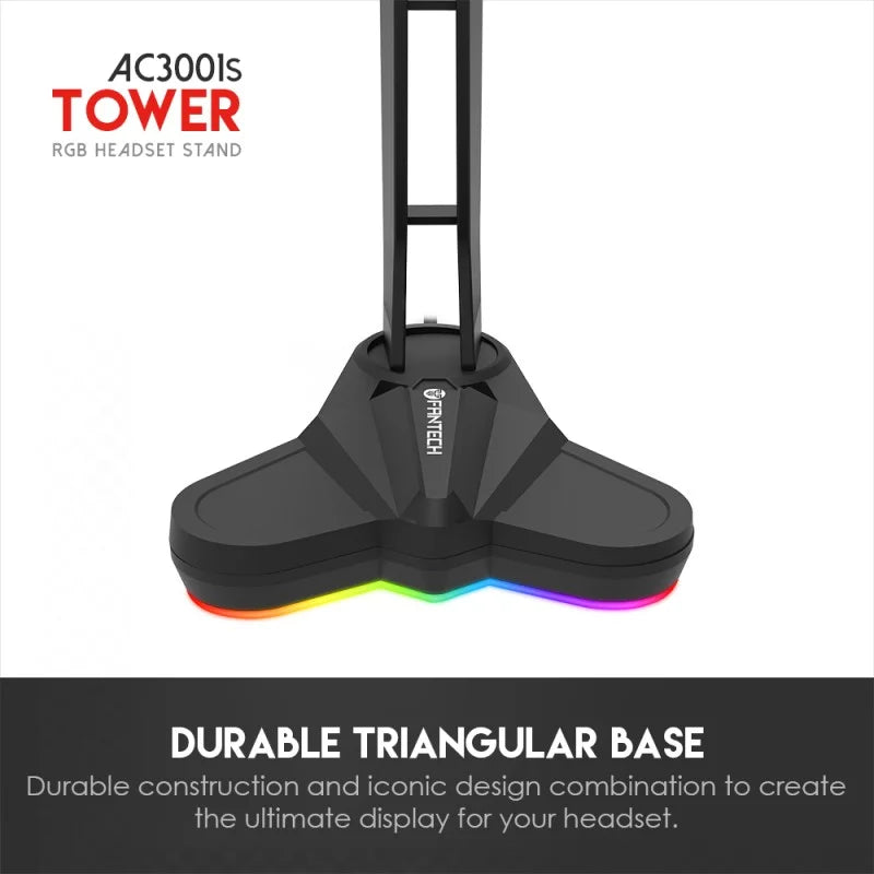 RGB headset stand with durable triangular base on a white background