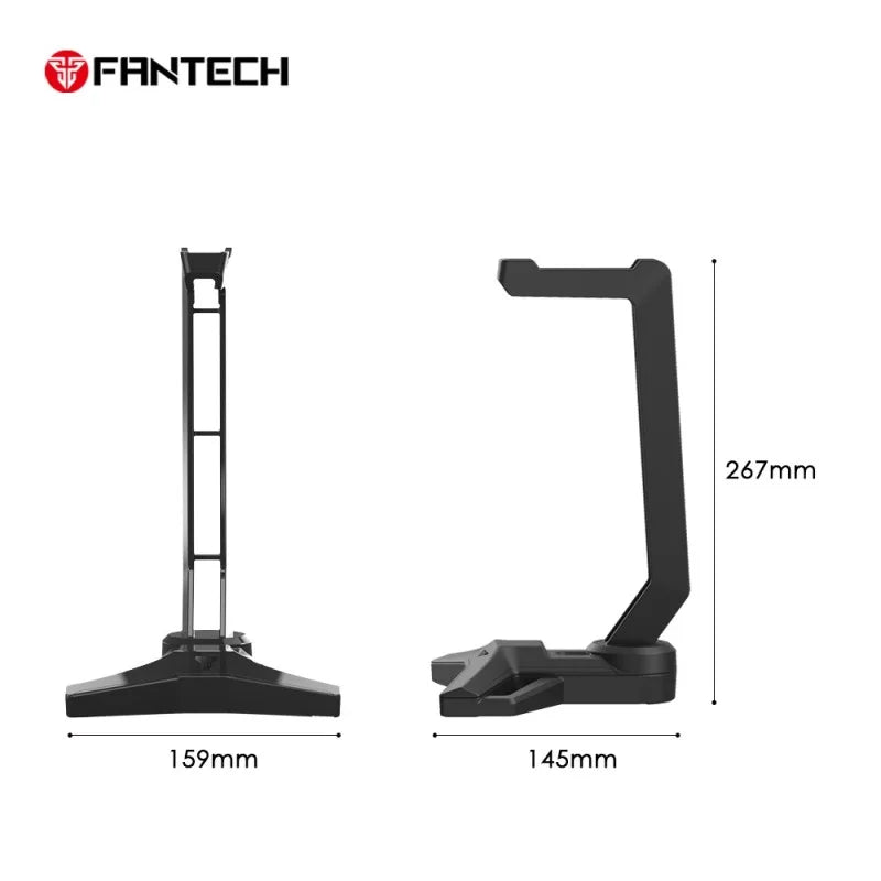 Gaming headset stand with dimensions labeled, featuring the Fantech logo.