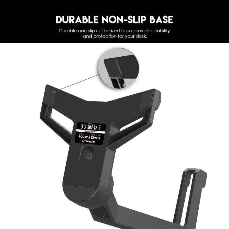 Black desk phone holder with durable non-slip base on a white background