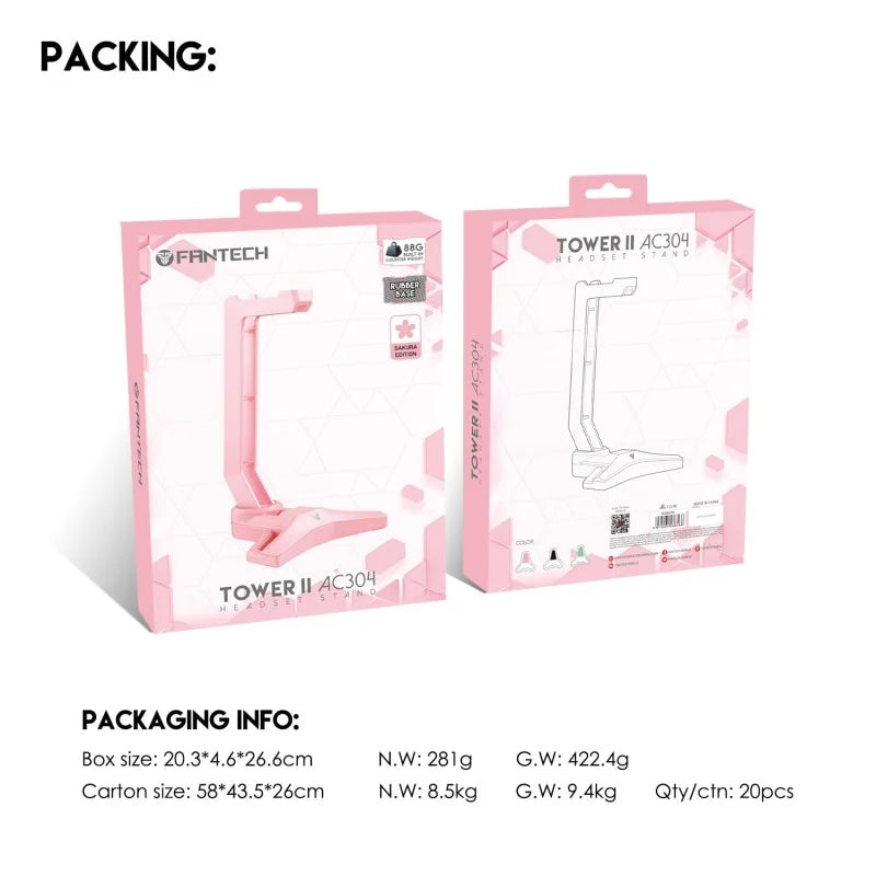 Packaging of Fantech Tower II AC304 desk lamp with product details on a white background