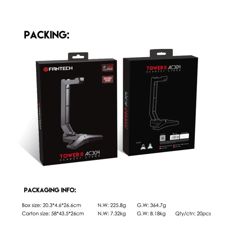 FANTECH gaming monitor stand packaging with product details on a white background