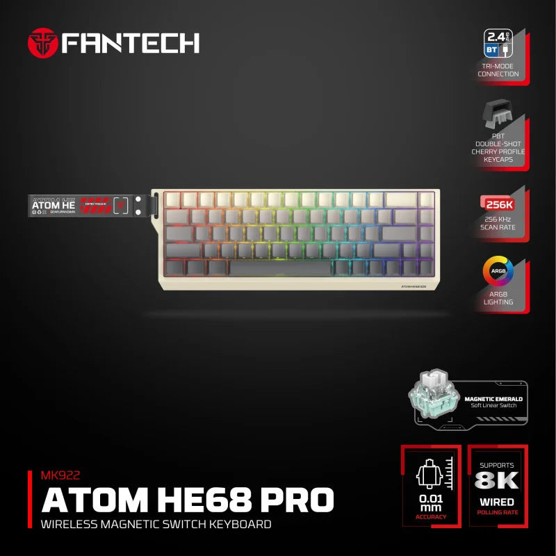 Fantech Atom HE68 Pro wireless magnetic switch keyboard with features displayed on a dark background