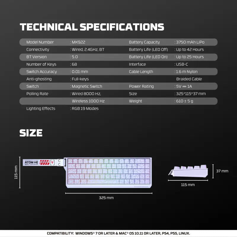 Technical specifications and size details of a keyboard on a black background