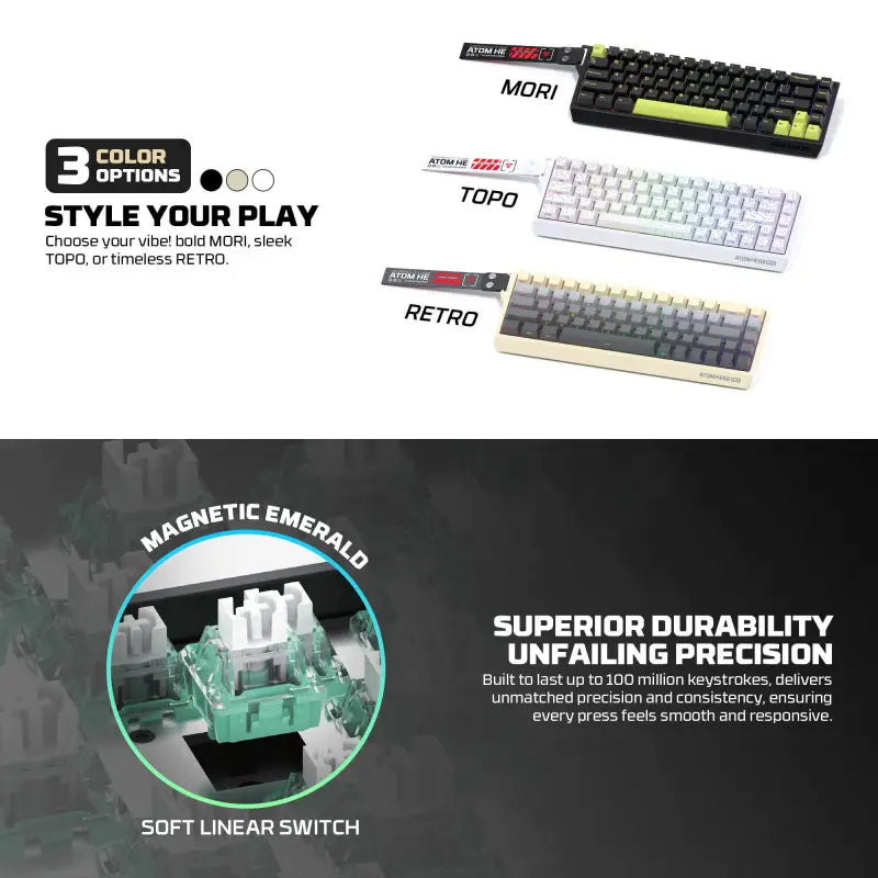 Keyboard models with color options and switch details on a white background