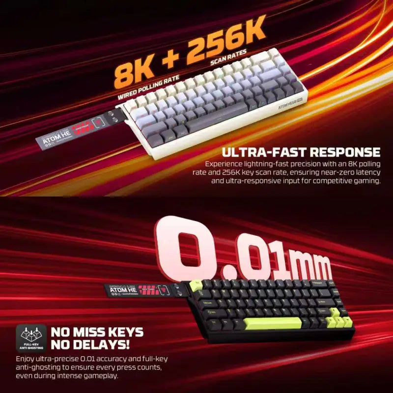 Gaming keyboard with text highlighting features on a dynamic background