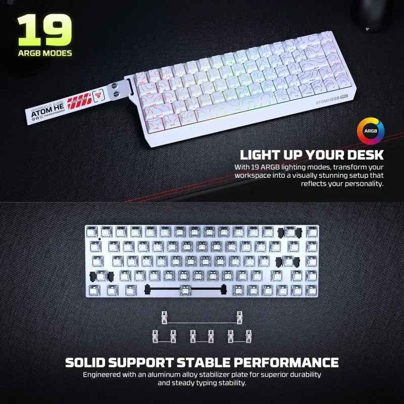 Mechanical keyboard with RGB lighting on a dark surface, featuring text about ARGB modes and performance.