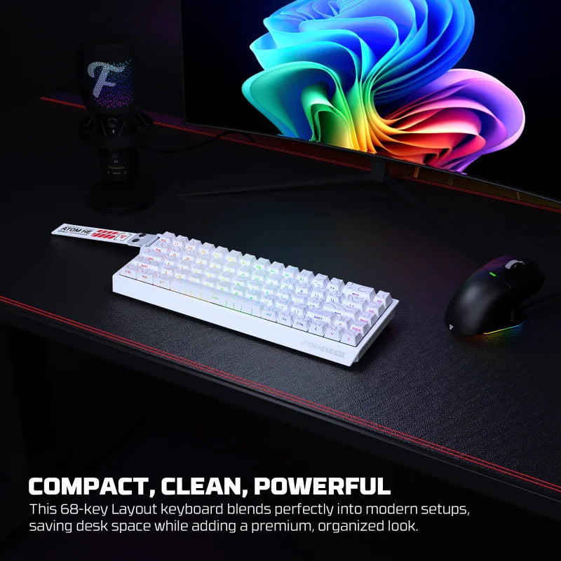 Gaming keyboard and mouse on a desk with a colorful monitor in the background