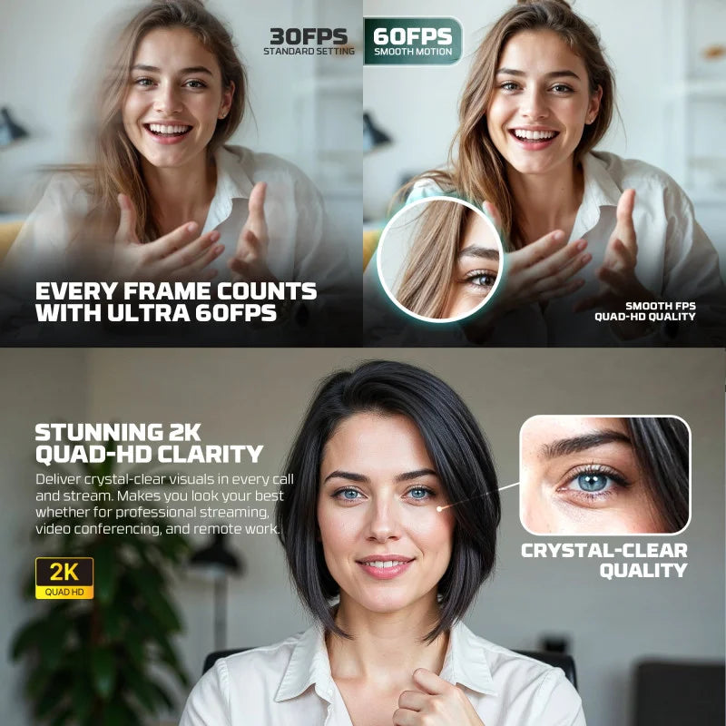 Comparison of video conferencing quality with 30FPS and 60FPS, featuring a woman in a professional setting.