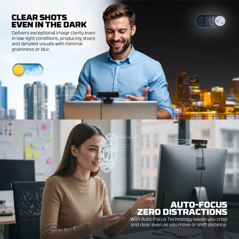 Two people using a computer with text about clear shots in low light and auto-focus technology.