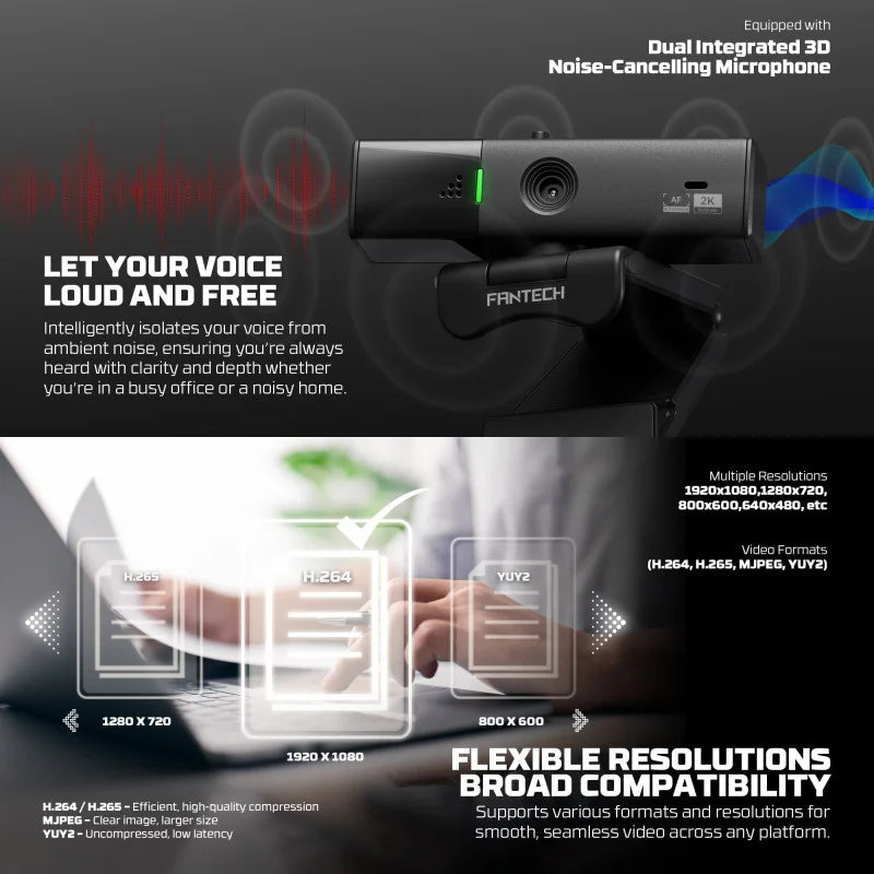FANTECH webcam with noise-cancelling microphone on a dark background