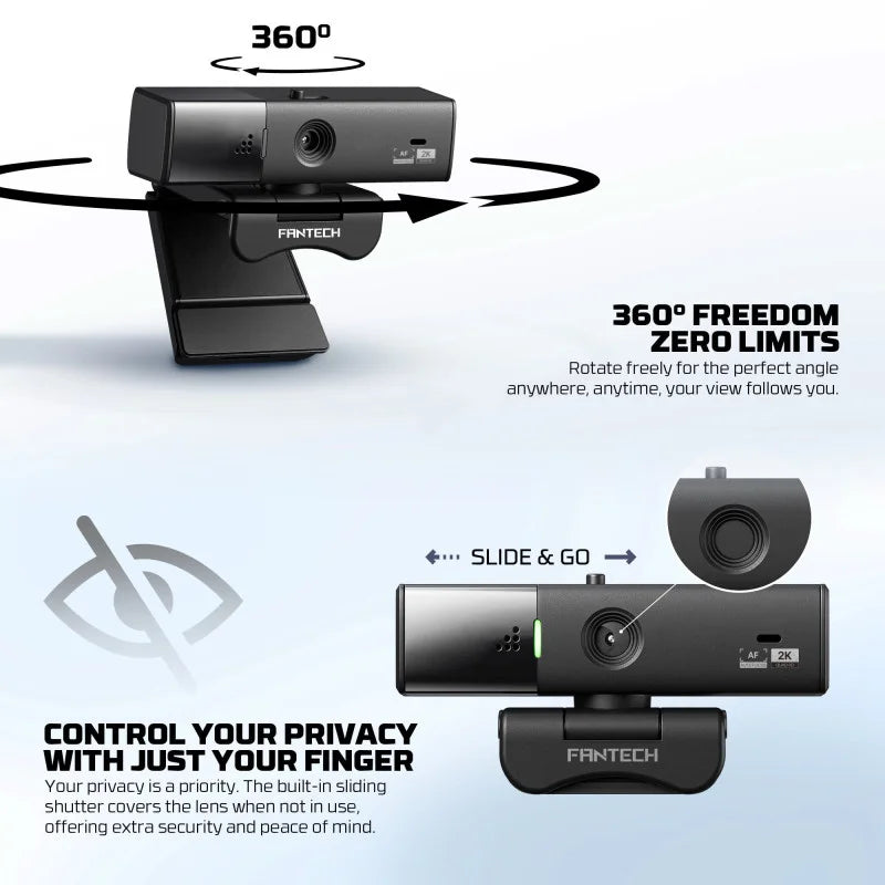 FANTECH webcam with 360-degree rotation and privacy shutter features on a white background