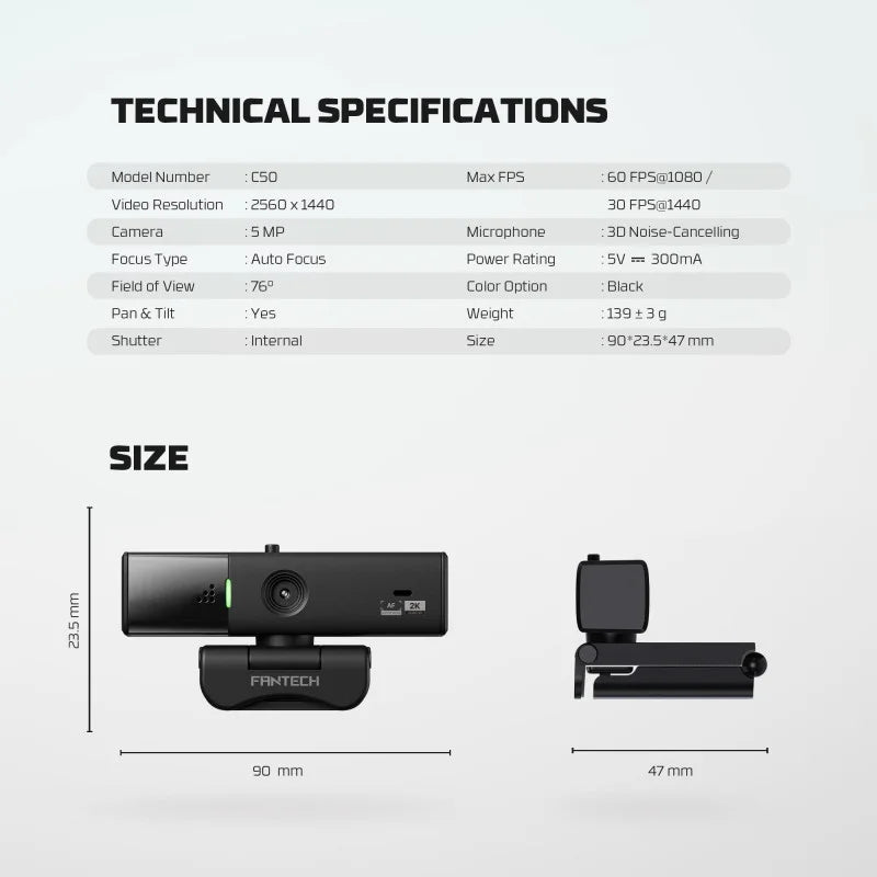 Technical specifications and size details of a webcam on a white background